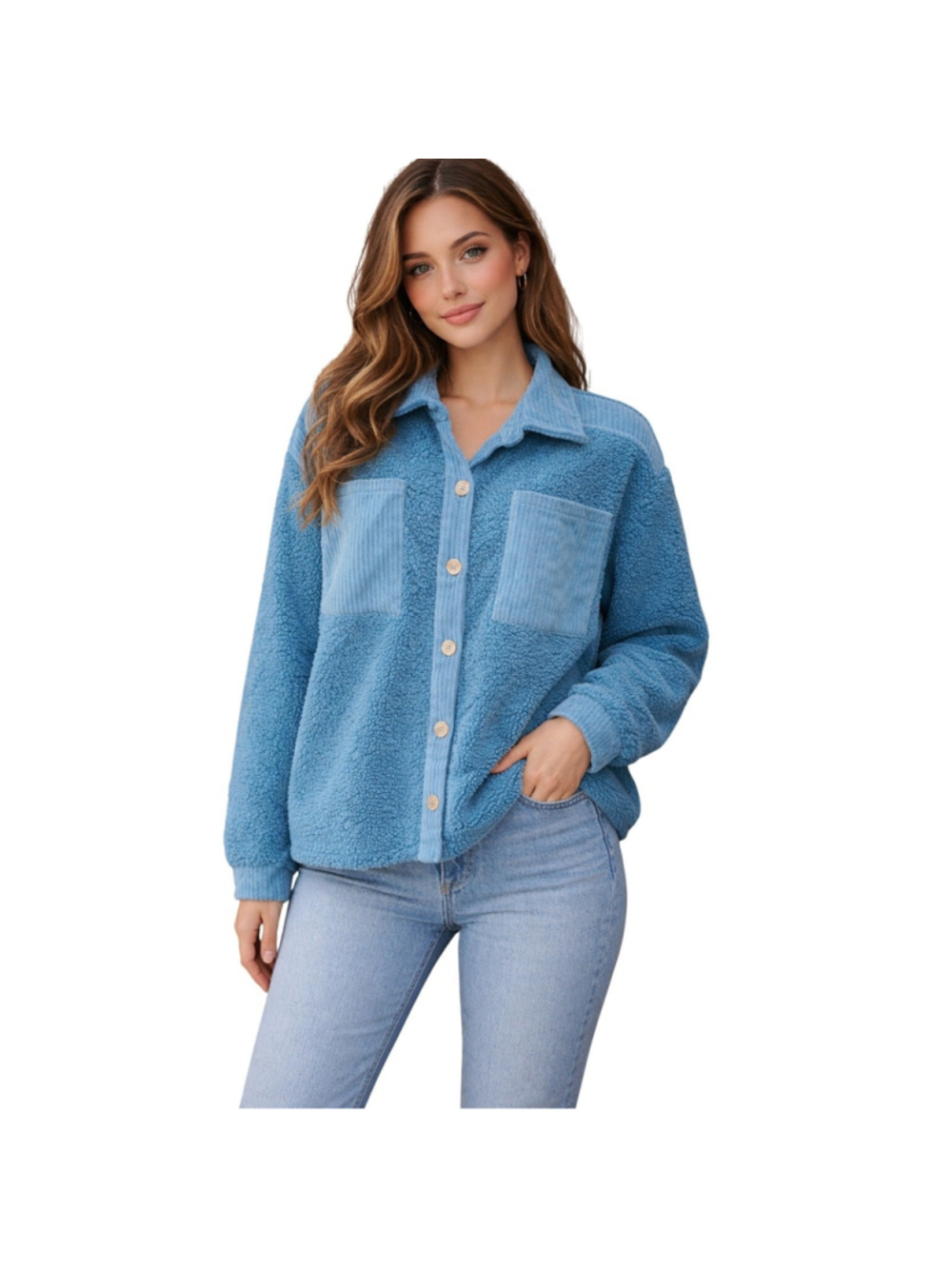 Francesca's Teal Blue Sherpa Button Up Shacket Large